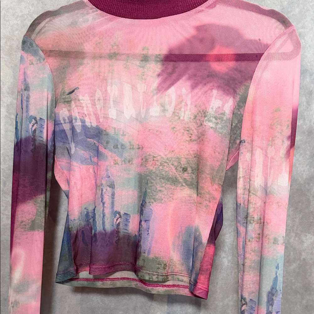 Dolls Kill Pink Abstract Mesh Long-Sleeve Top with Purple Accents